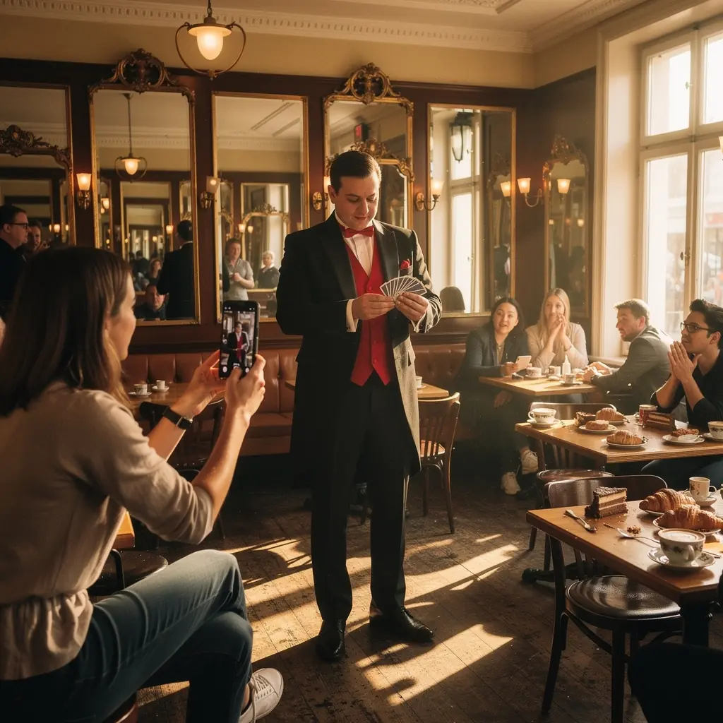 Ein Magier, der mit einem Kartenspiel beeindruckt und das Publikum fasziniert.