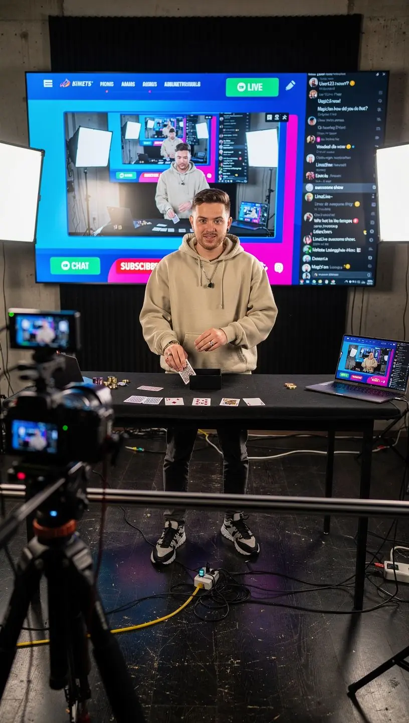Ein Magier zeigt eine beeindruckende Kartentricks-Demonstration auf der Bühne.