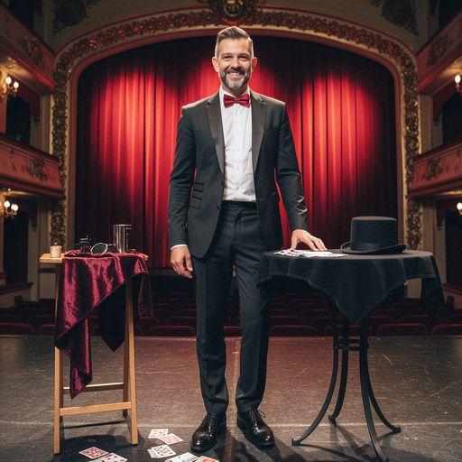 Ein Bühnenmagier, der mit Requisiten arbeitet und die Zuschauer in seinen Bann zieht.