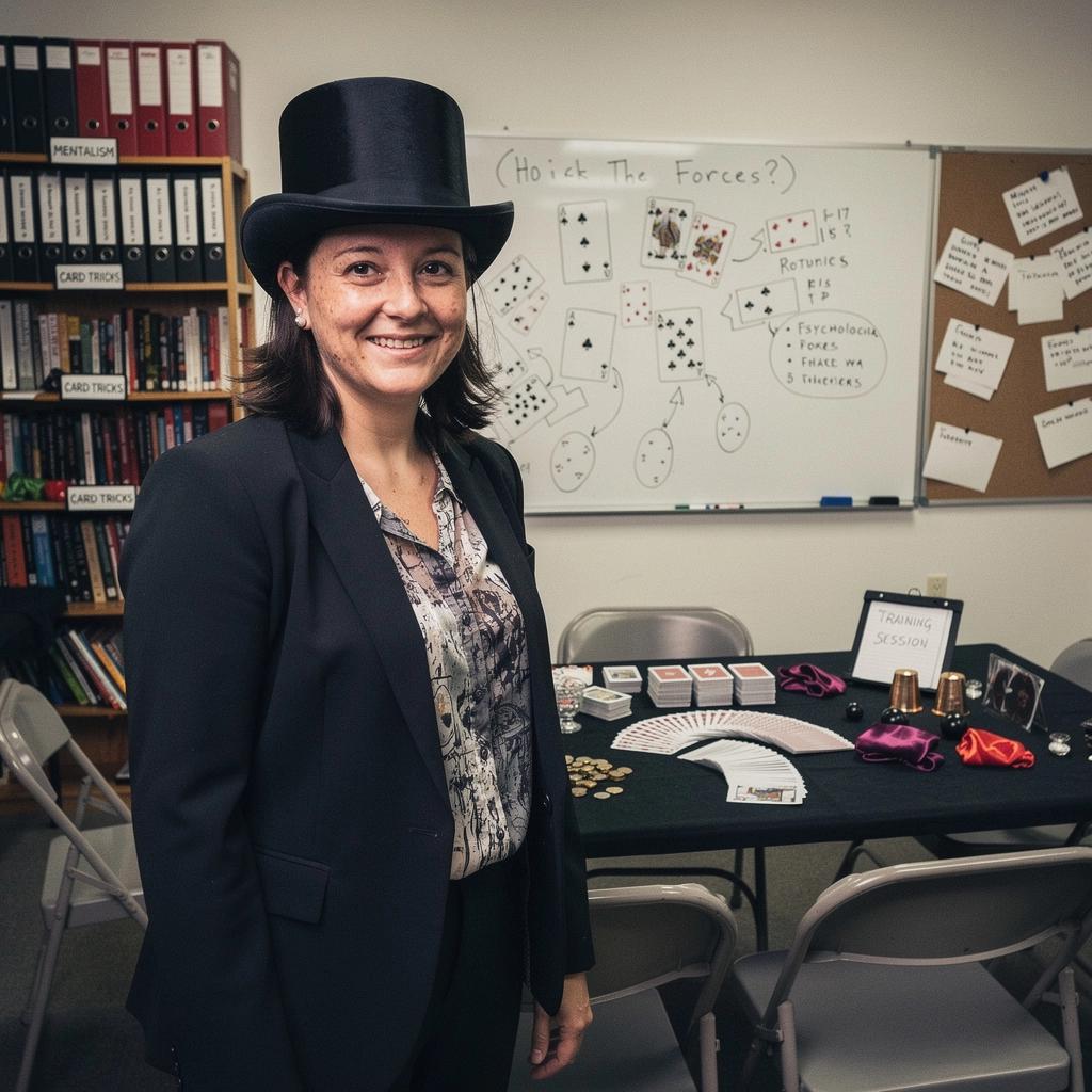 Ein Tisch mit verschiedenen Zauberrequisiten, die für das Illusionstraining bereitgestellt sind.